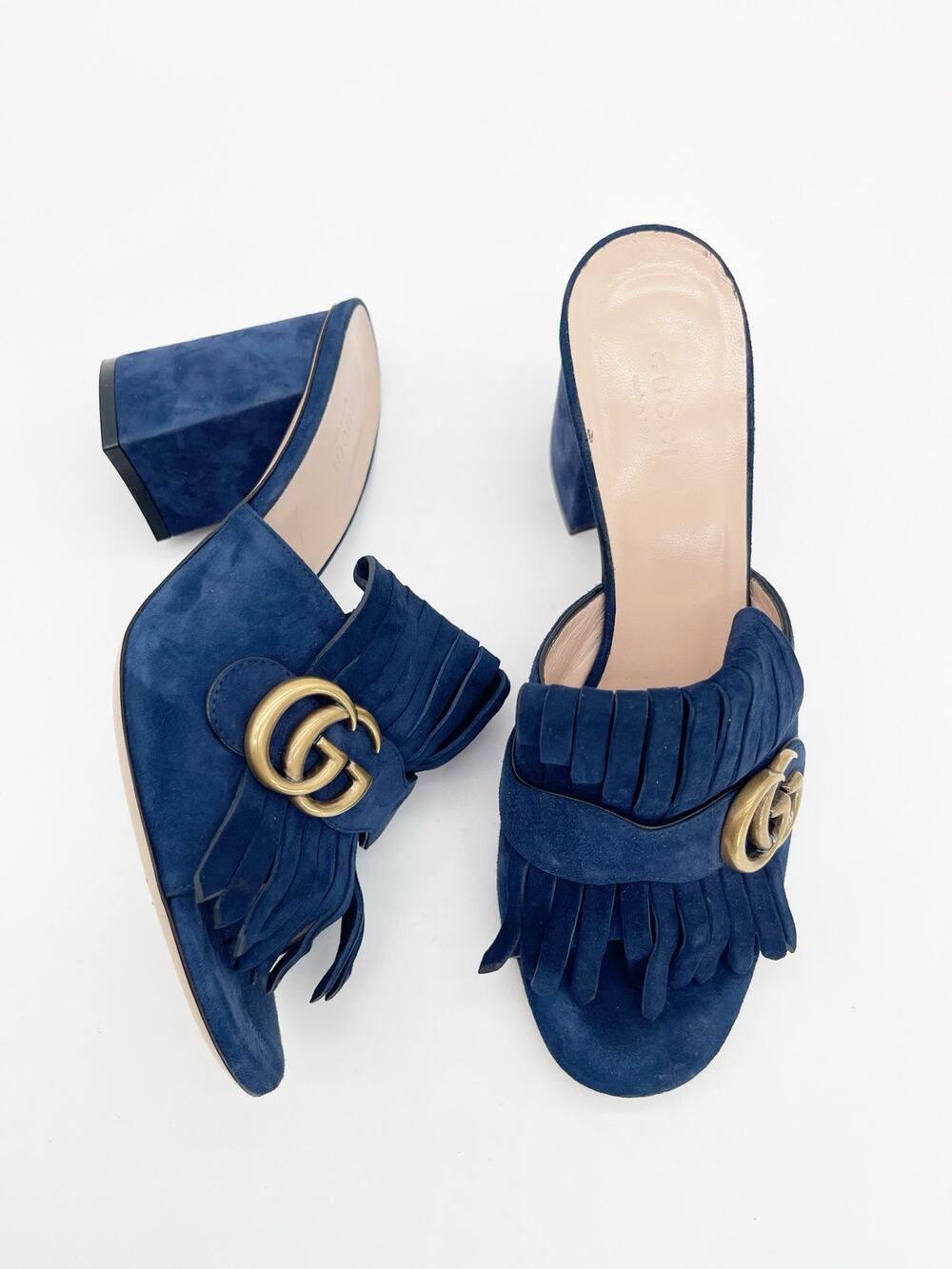 Gucci Marmont Blue Suede Kiltie Fringe Block Heel Slide Mule Sandals Heels IT 40